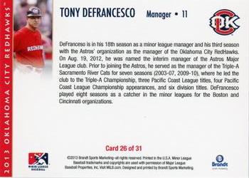2013 Brandt Oklahoma City RedHawks #26 Tony DeFrancesco Back