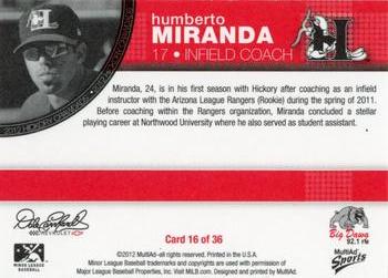 2012 MultiAd Hickory Crawdads #16 Humberto Miranda Back