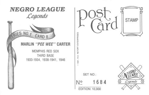 1991 R.D. Retort Enterprises Negro League Legends, Series 1 #8 Marlin “Pee Wee” Carter Back