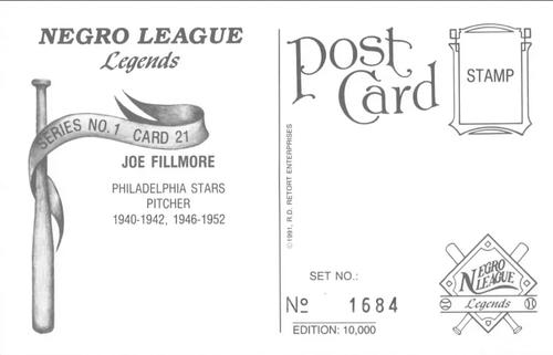 1991 R.D. Retort Enterprises Negro League Legends, Series 1 #21 Joe Fillmore Back