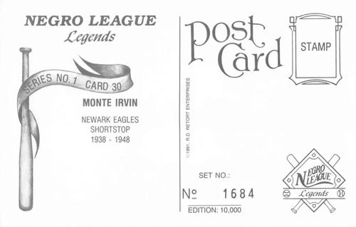 1991 R.D. Retort Enterprises Negro League Legends, Series 1 #30 Monte Irvin Back