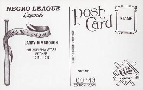 1991 R.D. Retort Enterprises Negro League Legends, Series 1 #35 Larry Kimbrough Back