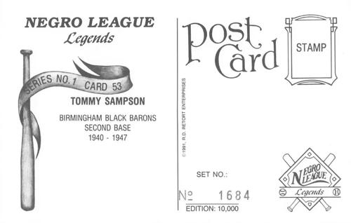 1991 R.D. Retort Enterprises Negro League Legends, Series 1 #53 Tommy Sampson Back