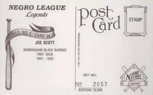 1991 R.D. Retort Enterprises Negro League Legends, Series 1 #54 Joe Scott Back