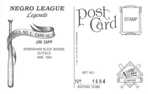1991 R.D. Retort Enterprises Negro League Legends, Series 1 #65 Jim Zapp Back