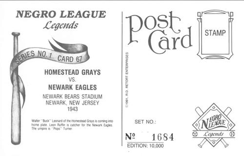 1991 R.D. Retort Enterprises Negro League Legends, Series 1 #67 Homestead Grays vs. Newark Eagles 1943 Back