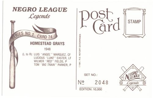 1991 R.D. Retort Enterprises Negro League Legends, Series 1 #74 Homestead Grays 1948 Back