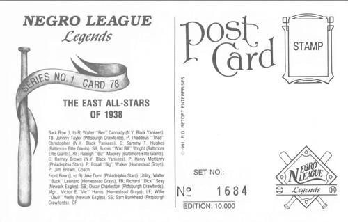 1991 R.D. Retort Enterprises Negro League Legends, Series 1 #78 The East All-Stars of 1938 Back