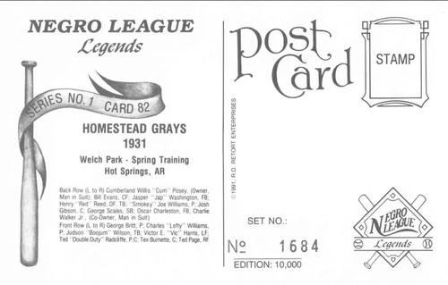 1991 R.D. Retort Enterprises Negro League Legends, Series 1 #82 Homestead Grays 1931 Back