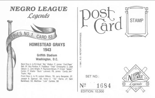 1991 R.D. Retort Enterprises Negro League Legends, Series 1 #83 Homestead Grays 1943 Back