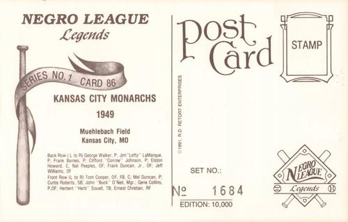 1991 R.D. Retort Enterprises Negro League Legends, Series 1 #86 Kansas City Monarchs 1949 Back