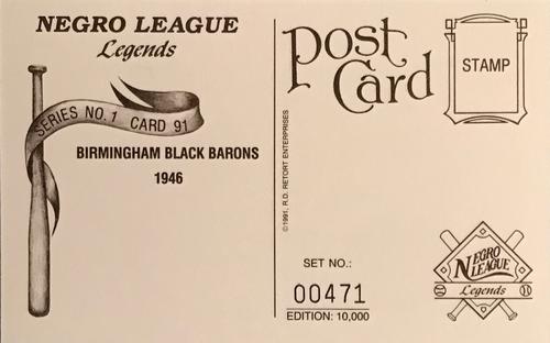 1991 R.D. Retort Enterprises Negro League Legends, Series 1 #91 Birmingham Black Barons 1946 Back