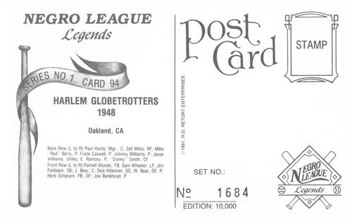 1991 R.D. Retort Enterprises Negro League Legends, Series 1 #94 Harlem Globetrotters 1948 Back
