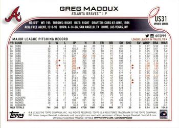 2022 Topps Update #US31 Greg Maddux Back