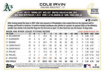 2022 Topps Update #US292 Cole Irvin Back