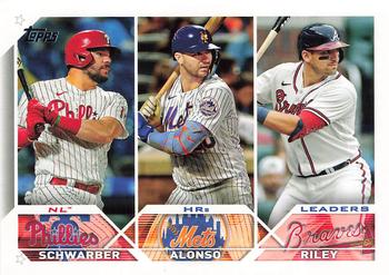 2023 Topps #178 NL HRs Leaders (Kyle Schwarber / Pete Alonso / Austin Riley) Front