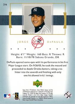 2003 Upper Deck Finite - 2003 SP Authentic Rookie Update #216 Jorge DePaula Back