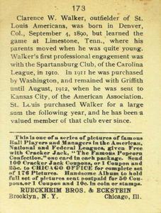 1915 Cracker Jack (E145) #173 Tilly Walker Back
