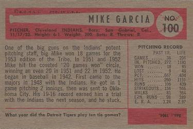 1954 Bowman #100 Mike Garcia Back