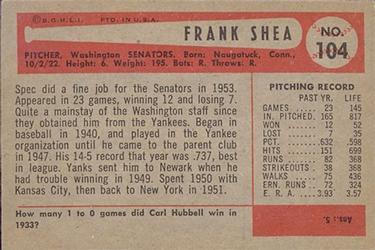 1954 Bowman #104 Frank Shea Back