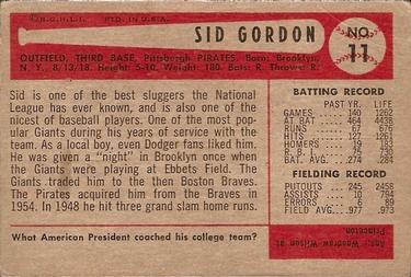 1954 Bowman #11 Sid Gordon Back
