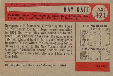 1954 Bowman #121 Ray Katt Back