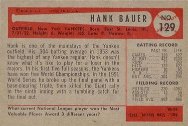 1954 Bowman #129 Hank Bauer Back
