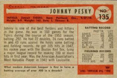 1954 Bowman #135 Johnny Pesky Back