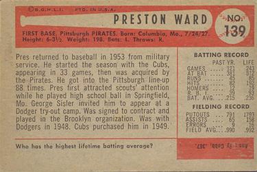 1954 Bowman #139 Preston Ward Back
