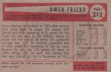 1954 Bowman #212 Owen Friend Back