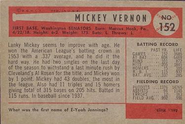 1954 Bowman #152 Mickey Vernon Back