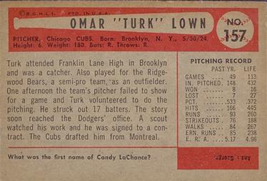 1954 Bowman #157 Turk Lown Back