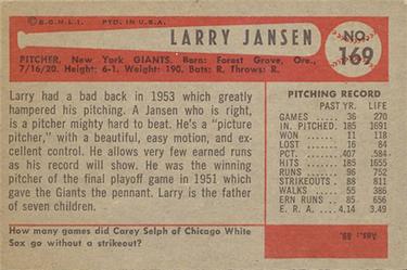 1954 Bowman #169 Larry Jansen Back