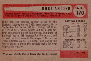 1954 Bowman #170 Duke Snider Back