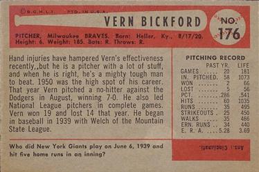 1954 Bowman #176 Vern Bickford Back