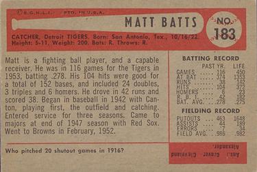 1954 Bowman #183 Matt Batts Back
