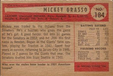1954 Bowman #184 Mickey Grasso Back