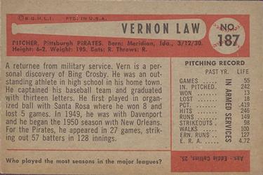 1954 Bowman #187 Vernon Law Back