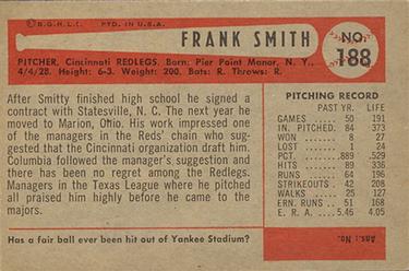 1954 Bowman #188 Frank Smith Back