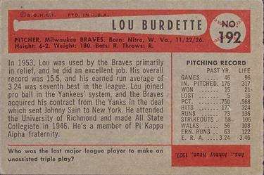1954 Bowman #192 Lew Burdette Back