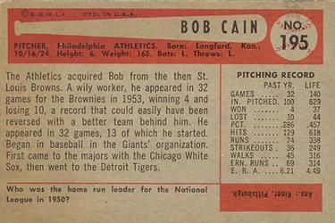 1954 Bowman #195 Bob Cain Back