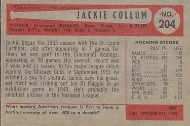 1954 Bowman #204 Jack Collum Back