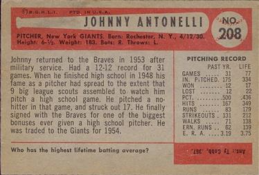 1954 Bowman #208 Johnny Antonelli Back