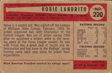 1954 Bowman #220 Hobie Landrith Back
