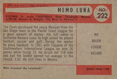 1954 Bowman #222 Memo Luna Back