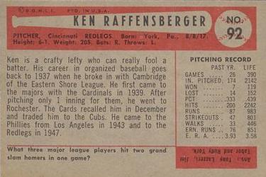 1954 Bowman #92 Ken Raffensberger Back