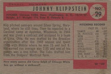 1954 Bowman #29 Johnny Klippstein Back