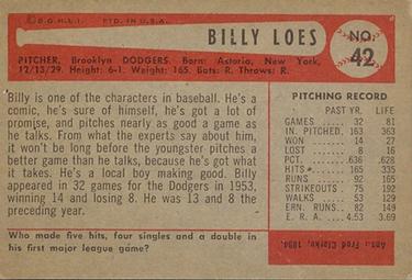 1954 Bowman #42 Billy Loes Back