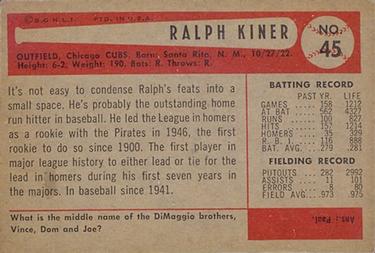 1954 Bowman #45 Ralph Kiner Back