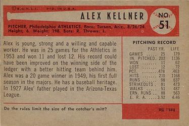 1954 Bowman #51 Alex Kellner Back